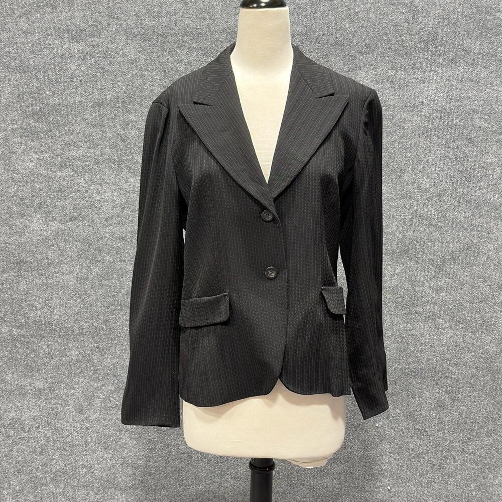 Max Mara Blazer Womens 14 Black Pinstripe Two Button Jacket Career Workwear
